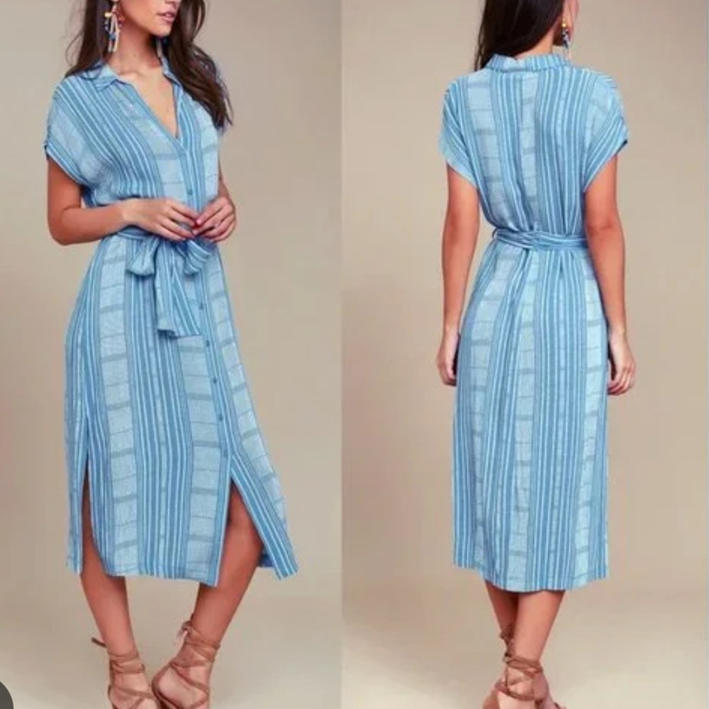 Blue and White Midi Dress with V-Neck and Dolman Sleeves